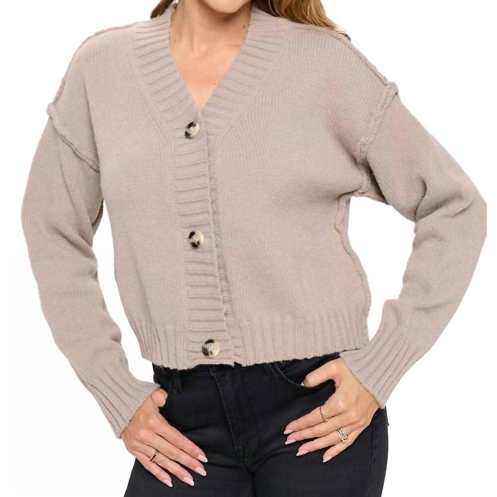 NEW RENEEC. thick knit long sleeve cardigan with buttons in taupe